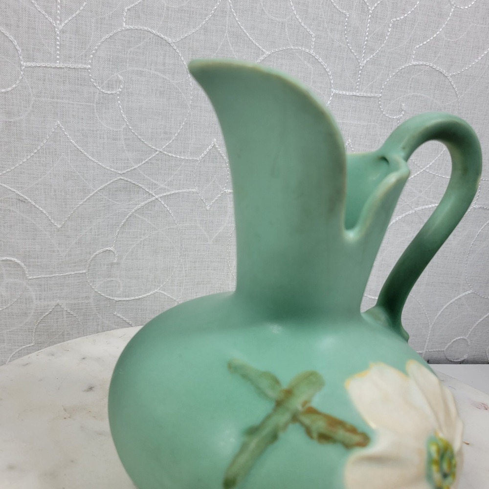 Vintage 1930s Weller Pottery Dogwood Pitcher Vase Aqua Blue Floral Art Deco - Picture 9 of 16